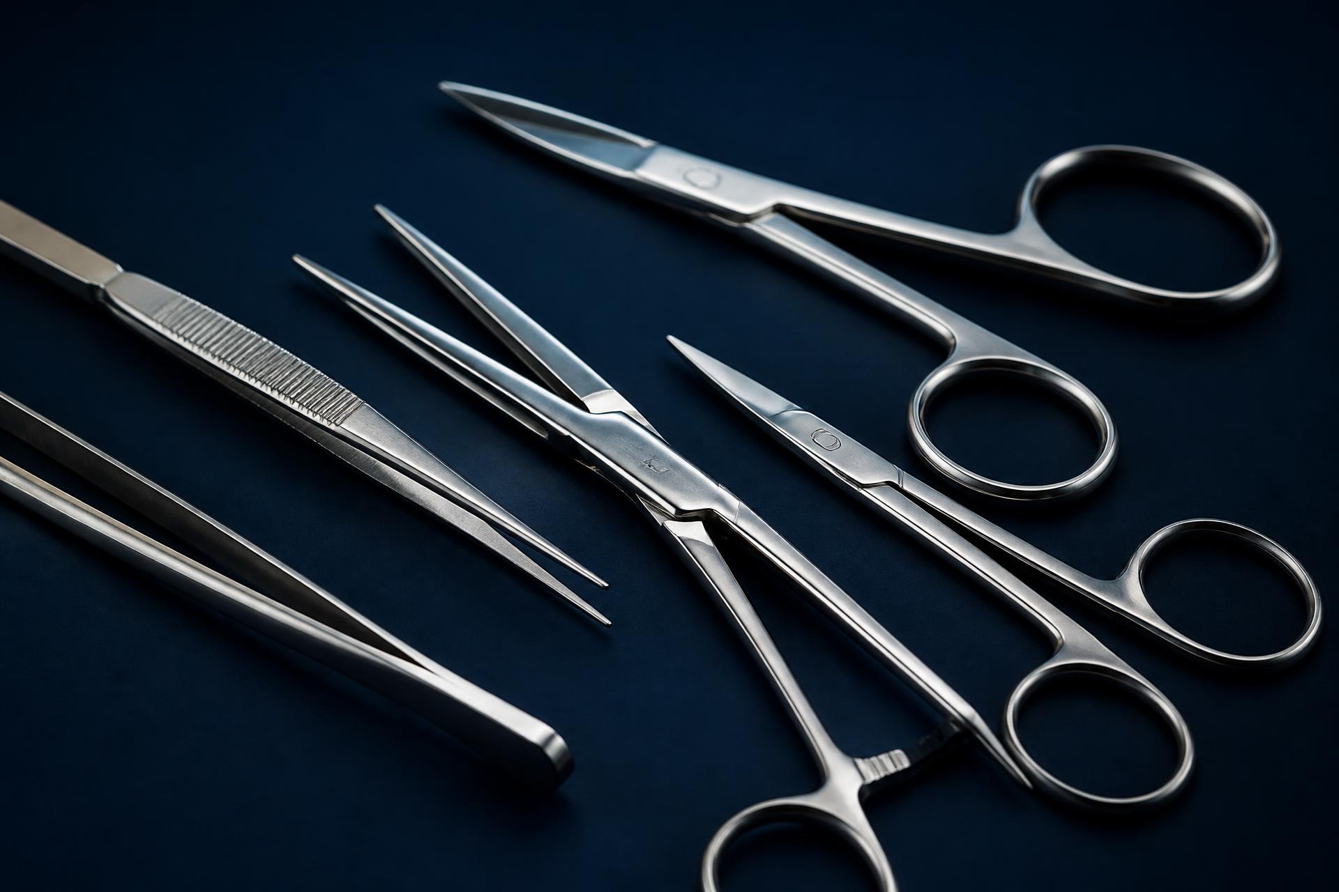 Polished stainless steel surgical scissors and forceps on a dark background